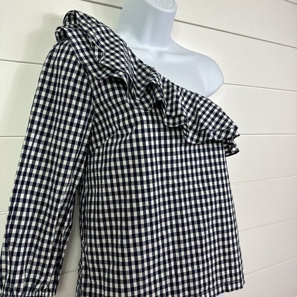 J. Crew Gingham Print One Shoulder Ruffle Top Shirt Navy Blue sz 0P - Picture 3 of 7